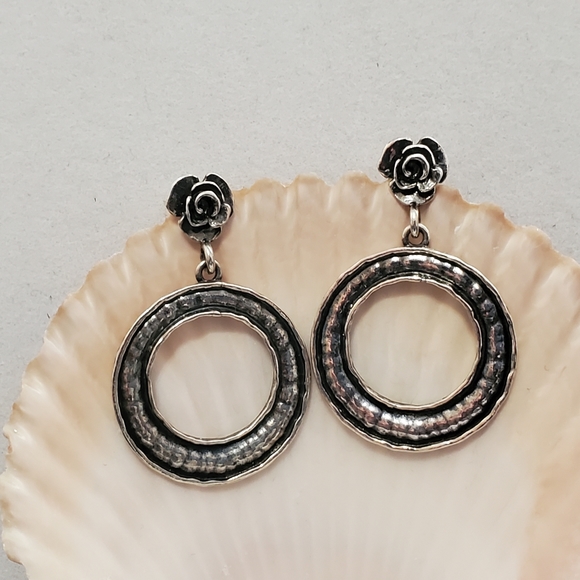Or Paz PZ Oxidized Sterling Silver Rustic Hammered Drop Circle and Rose Earrings - Picture 4 of 13